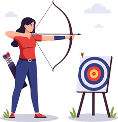 Woman practicing archery aiming at colorful target in outdoor sports activity vector illustration