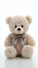 Obraz premium Cute Beige Teddy Bear with Plaid Bow and Big Head on White Background