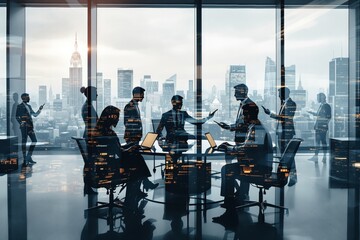 Business professionals in meeting with laptops in office, creative digital data overlay style, city skyline background, concept of teamwork. Ai generative