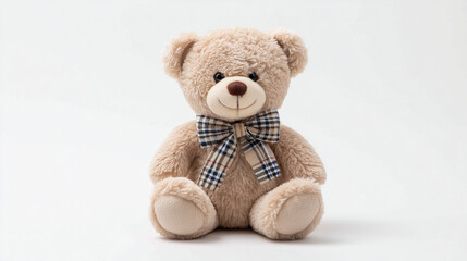 Obraz premium Cute Beige Teddy Bear with Plaid Bow and Big Head on White Background