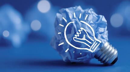 Creativity in business startup boosting banner image. Light bulb of crumpled paper sheet background photo copy space. Work inspiration solutions promotional concept photography