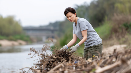 Nature conservation volunteer cleaning a polluted riverbank with team, nature conservation, river cleanup, environmental restoration, waterway protection.