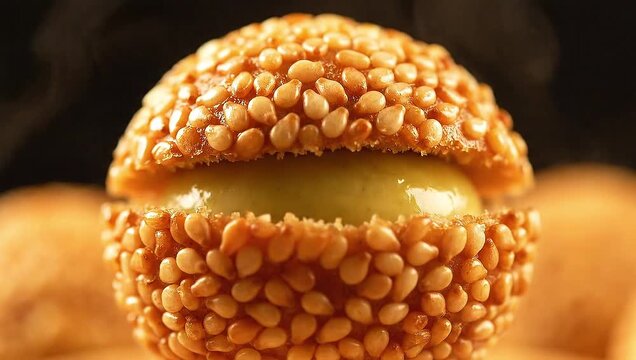 Warm delicious chinese sesame ball splitting revealing filling