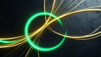 Emerald green glowing arcs intertwined with golden light ribbons, flowing smoothly across a dark textured surface.