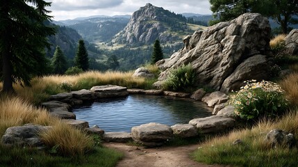 Fototapeta premium A small pond surrounded by reeds and wildflowers, with forested hills in the background.