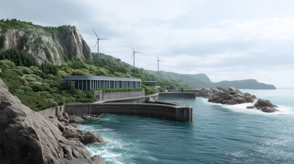Green energy tidal power station along a rocky coastline, green energy, tidal energy plant, renewable ocean power, sustainable coastal energy.