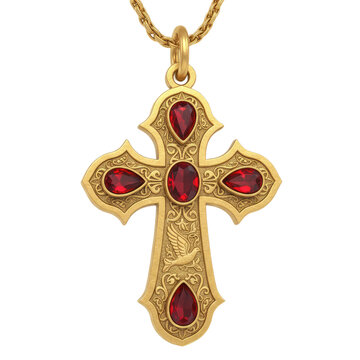 Exquisite ornate gold cross pendant with deep red gemstones and intricate religious carvings