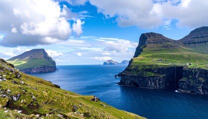 Rugged coastal landscape with dramatic peaks