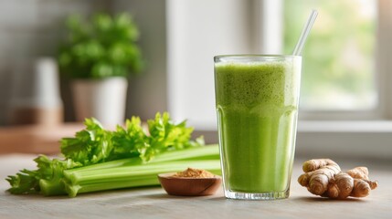 Fototapeta premium Celery improve gut health. Fresh green smoothie with celery and ginger, placed on a wooden table.