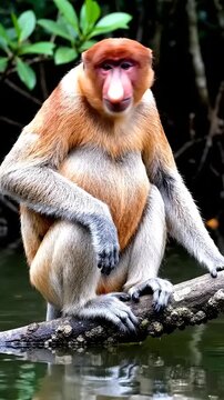 Close-up of an endangered male Proboscis monkey (Nasalis larvatus) sitting on a log over water