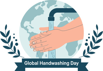 Hands washing under running water with a globe in the background, symbolizing global hygiene and health.
