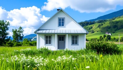 A charming white house sits amidst a verdant field, bathed in sunlight, overlooking rolling hills under a vibrant blue sky.