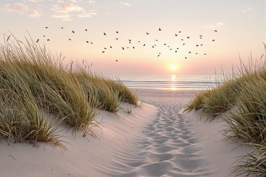 Serene beach pathway through sand dunes with tall grass, soft pastel sky sunrise in background, birds flying above calm ocean, concept of tranquility. Ai generative
