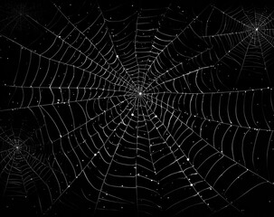 Glistening spiderweb with water droplets isolated on black background.
