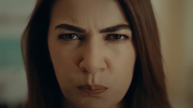 Woman's face displaying strong contempt and revulsion through subtle, dynamic facial cues and intense emotional depth