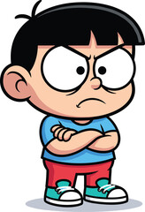 Angry child cartoon character, emotional expression, crossed arms pose, flat vector art, isolated on white, cad drawing flat vector illustration
