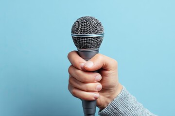 Person holding a microphone ready for performance or speech.