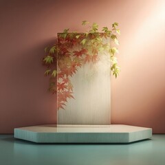 A sleek modern pedestal with a hexagonal base in matte turquoise holds a vertical rectangular display panel with natural