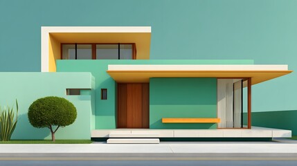 Modern Minimalist Green House Design with Geometric Shapes and Bright Accents in Urban Setting