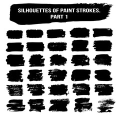 set silhouette black paint brush stroke freehand. hand drawn collection vector abstract splat shape lines and blots on white isolated background