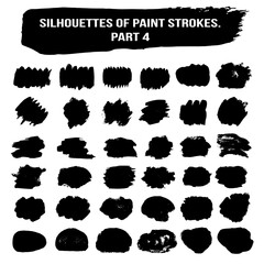 set silhouette black paint brush stroke freehand. hand drawn collection vector abstract splat shape lines and blots on white isolated background