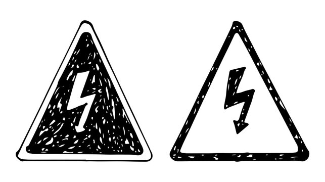High voltage warning sign, lightning bolt in a triangle, black and white hand drawn.