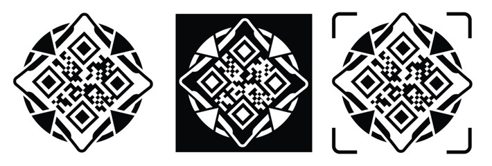 High-contrast black and white QR code with grid squares, centered in frame. Simple thin black border. Clean digital design, technical style, suitable for scanning or template use.