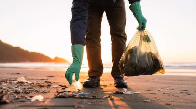 A person wearing green gloves is picking up plastic waste on a polluted beach during sunset. - Powered by Adobe