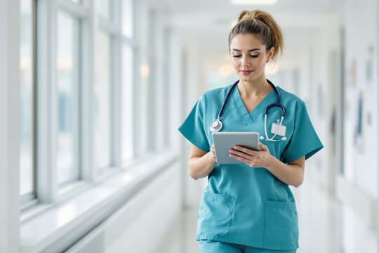 Female nurse in scrubs using tablet in hospital corridor with bright background, professional medical concept, creative healthcare technology. Ai generative