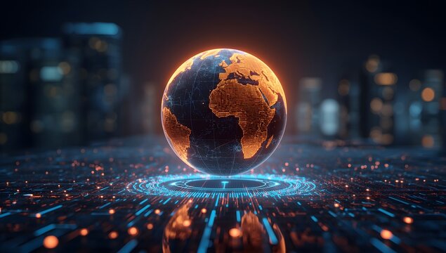 Futuristic digital globe orb glowing with orange energy in a high-tech cityscape with blue neon light ring