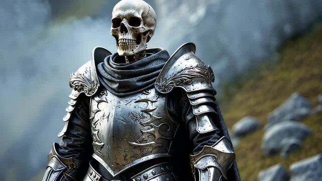 Skeleton warrior in ornate medieval armor standing in misty mountain landscape with detailed metal plating and dark gothic atmosphere
