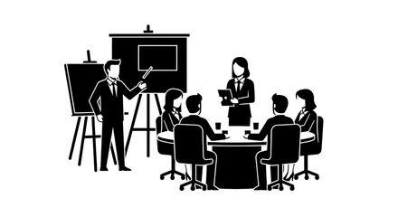 Fototapeta premium Silhouetted business people sit at a conference table for a meeting, a diverse team communicating during a presentation