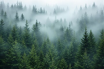 Fototapeta premium Lush coniferous forest with tall evergreen trees shrouded in thick morning fog, in a soft creative style on a misty atmospheric background. Ai generative