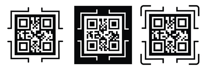 Fototapeta premium High-contrast black and white QR code with grid squares, centered in frame. Simple thin black border. Clean digital design, technical style, suitable for scanning or template use.