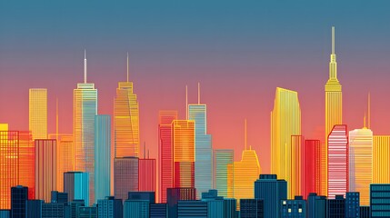 Naklejka premium Vibrant City Skyline at Sunset with Abstract Colors and Modern Architecture