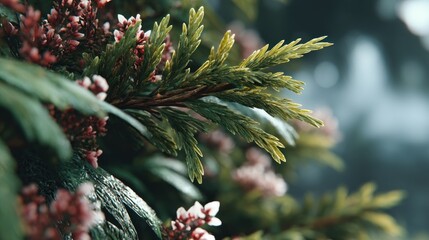Close-up view of delicate evergreen branches and soft pink blossoms, creating a serene and natural scene