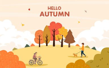 Hello Autumn landscape. People and their dog enjoying a peaceful day in the park, surrounded by trees with warm-toned leaves. This cozy scene is perfect for a fall-themed design or background.