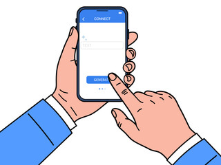 User's hands holding a smartphone to access AI technology. The illustration shows a simple and convenient way to connect with AI, symbolizing easy access to intelligent solutions anytime, anywhere.
