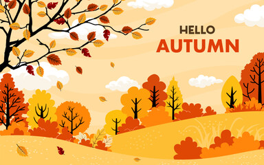"Hello Autumn" landscape. A beautiful countryside view with rolling hills and stylized trees with warm-toned leaves. Perfect for a cozy and inviting seasonal background or design.