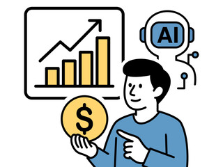 AI assistant helping to generate income and boost business growth. A man holding a dollar coin with a rising bar chart and AI robot head, symbolizing financial success and smart investment.