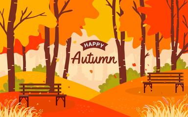 "Happy Autumn" landscape. A stylized view of a peaceful park with benches, colorful trees, and falling leaves. Perfect for a cozy and inviting seasonal background or design.