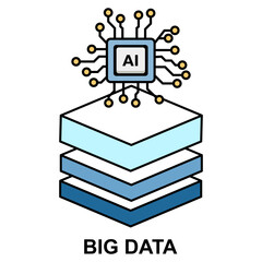AI technology processing and managing Big Data. An AI chip stacked on top of data layers, symbolizing the ability to efficiently analyze, organize, and store large amounts of information.