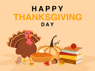 Happy Thanksgiving Day illustration with a turkey, pumpkin pie, and books. This cozy design symbolizes gratitude, harvest, and family celebration, perfect for holiday greetings and social media.