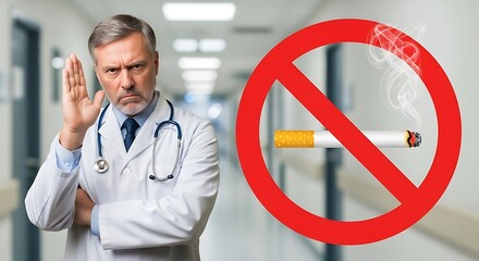 Doctor advises against smoking with a no smoking sign and a hallway in the background