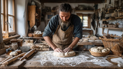 Artisan Craft: A focused artisan with a long beard, meticulously shaping and molding a dough, a serene moment, in the embrace of his rustic workshop, in the heart of a charming traditional building.