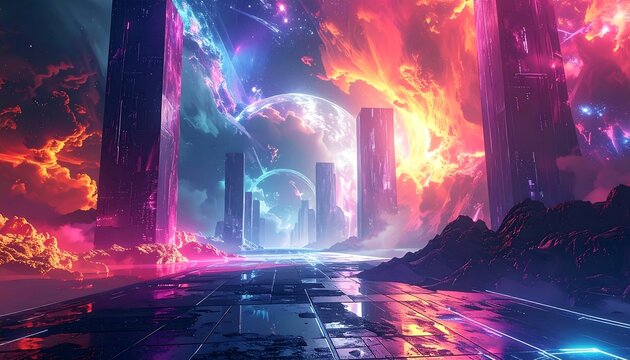 Neon city between fiery and vibrant clouds