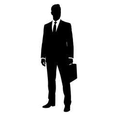 Silhouette of businessman in suit holding briefcase isolated on transparent background. Minimalist, simple, sleek design for business concept. 