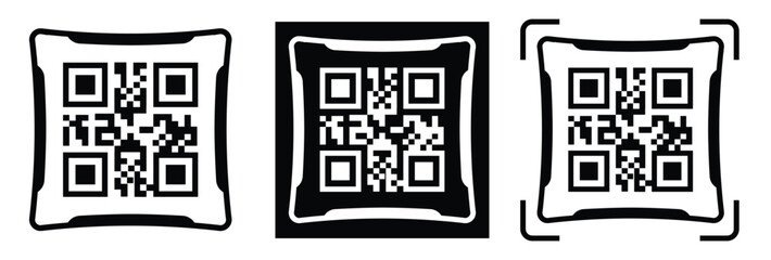 Fototapeta premium Minimalist QR code scanner icon set featuring three black and white variations with scan frames and mobile scanning concept. Clean flat vector symbols for apps, payment, barcode, technology, and UI de