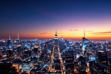 Futuristic city skyline with glowing network lines connecting buildings, digital style, over a sunset background, concept of smart city and connectivity, Ai generative