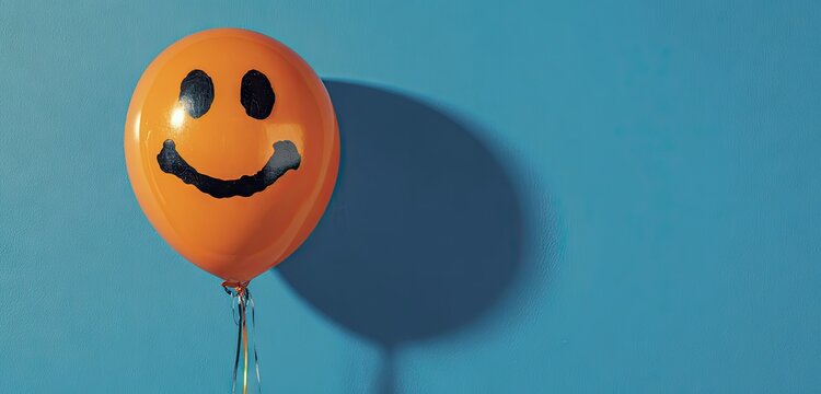 Orange smiley face balloon floating against a solid blue background.